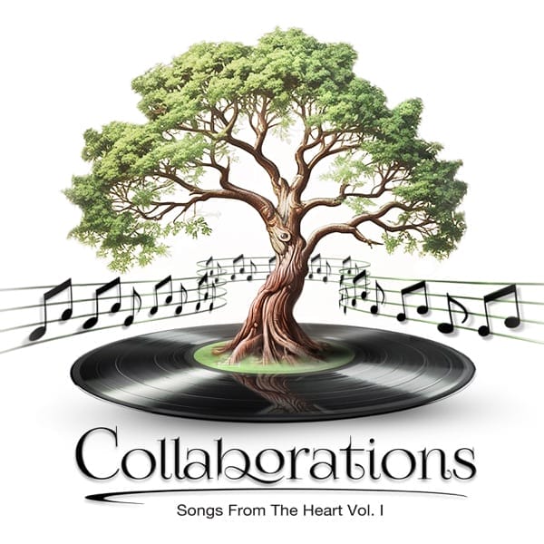 Official album artwork for "Songs From The Heart Vol. 1" by Collaborations which sees a tree attached to the centre of a black vinyl disk with musical notes surrounding it.