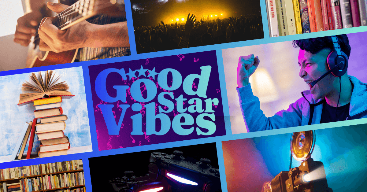 A collage of images of people around themes of music, film, books, and gaming. With the "Good Star Vibes" logo in the middle that's got a blue gradient.