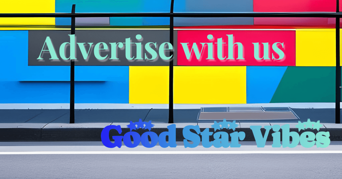 A wall with different coloured blocks on it alongside a road with the words "Advertise with us" written on one of the blocks in sea green while the blue gradient "Good Vibes Only" logo can be seen in the road.