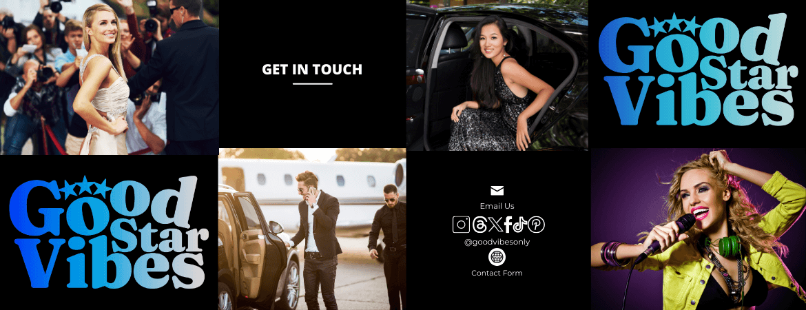 Photo collage of four celebrities, and with a "contact us" text in the middle