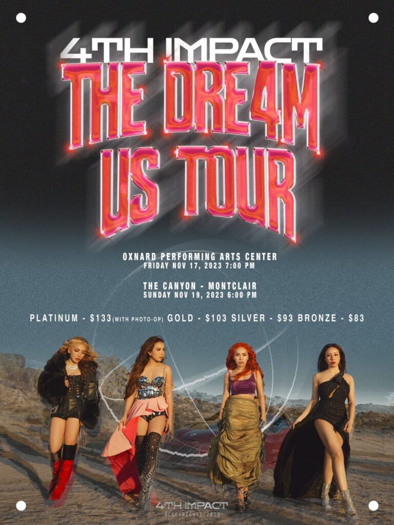 4th Impact "The Dream US Tour" poster showing the girl group on the desert sand wearing the outfits from the music video.