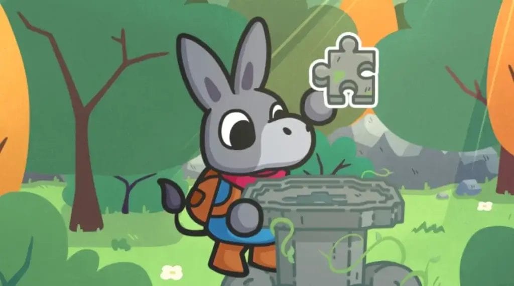 A Tiny Sticker Tale: An Epic Wholesome Adventure Unfolds on Figori Island by Ogre Pixel 3 Gameplay still from Ogre Pixel's "A Tiny Sticker Tale" which sees Flynn, the donkey, holding a jigsaw puzzle piece in his hoove, looking at a stone table in the middle of a forest.