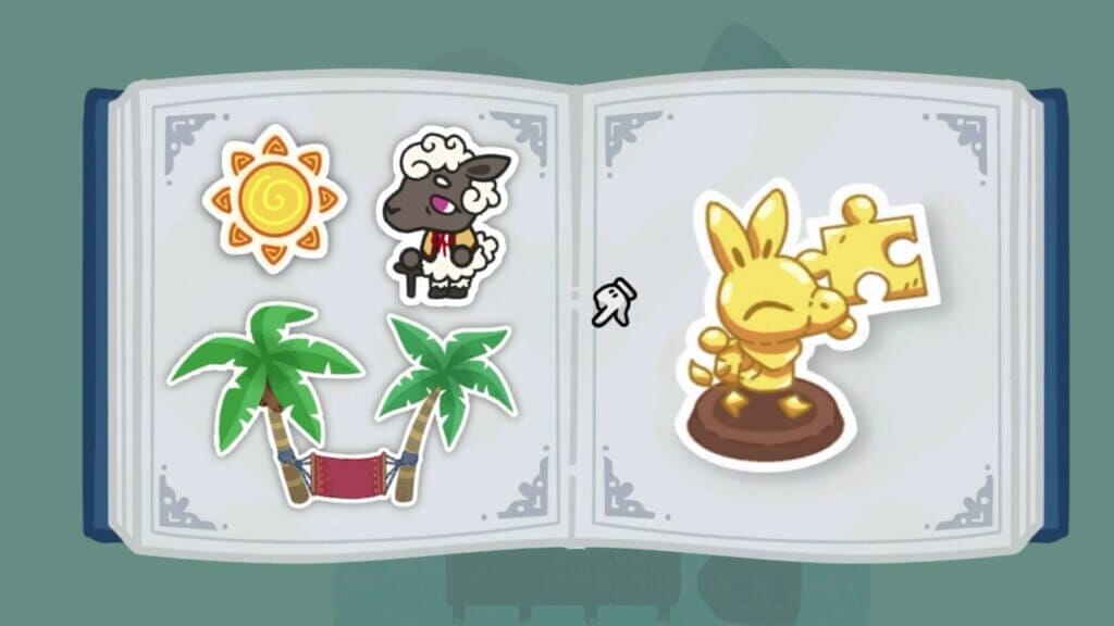 A Tiny Sticker Tale: An Epic Wholesome Adventure Unfolds on Figori Island by Ogre Pixel 4 Gameplay still of Ogre Pixel's "A Tiny Sticker Tale" which shows an open sticker book with various stickers inside including a gold trophy, the sun and some palm trees.