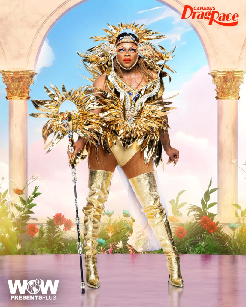 Aimee Yonce Shennel posing for Canada's Drag Race Season 4 promo for Meet The Queens in a gold outfit.