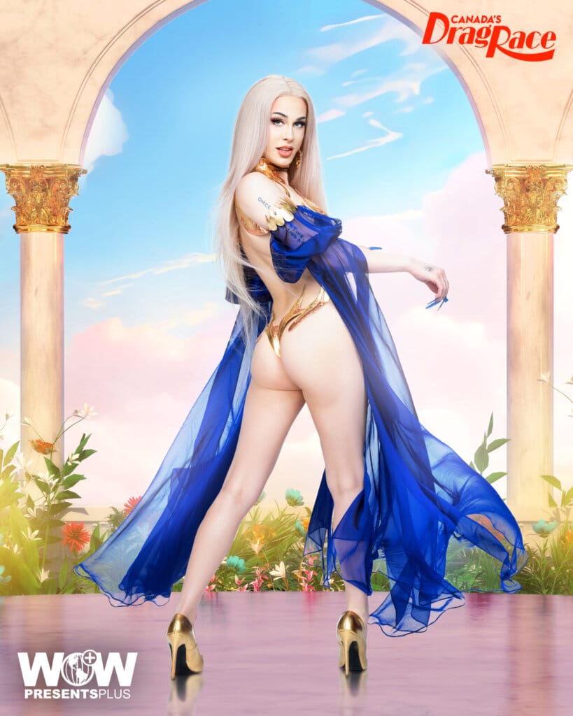 The Girlfriend Experience posing for Canada's Drag Race Season 4 promo for Meet The Queens in a blue and gold outfit.