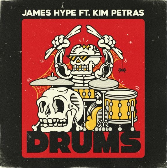 Single cover artwork of "Drums" by James Hype featuring Kim Petras showing a skeleton playing some drums.