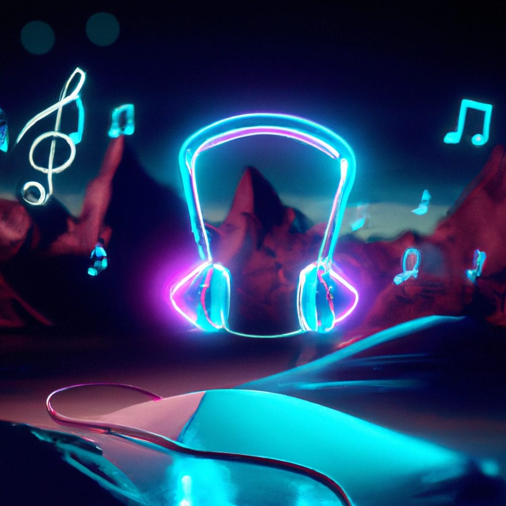 neon musical notes headphones landscape