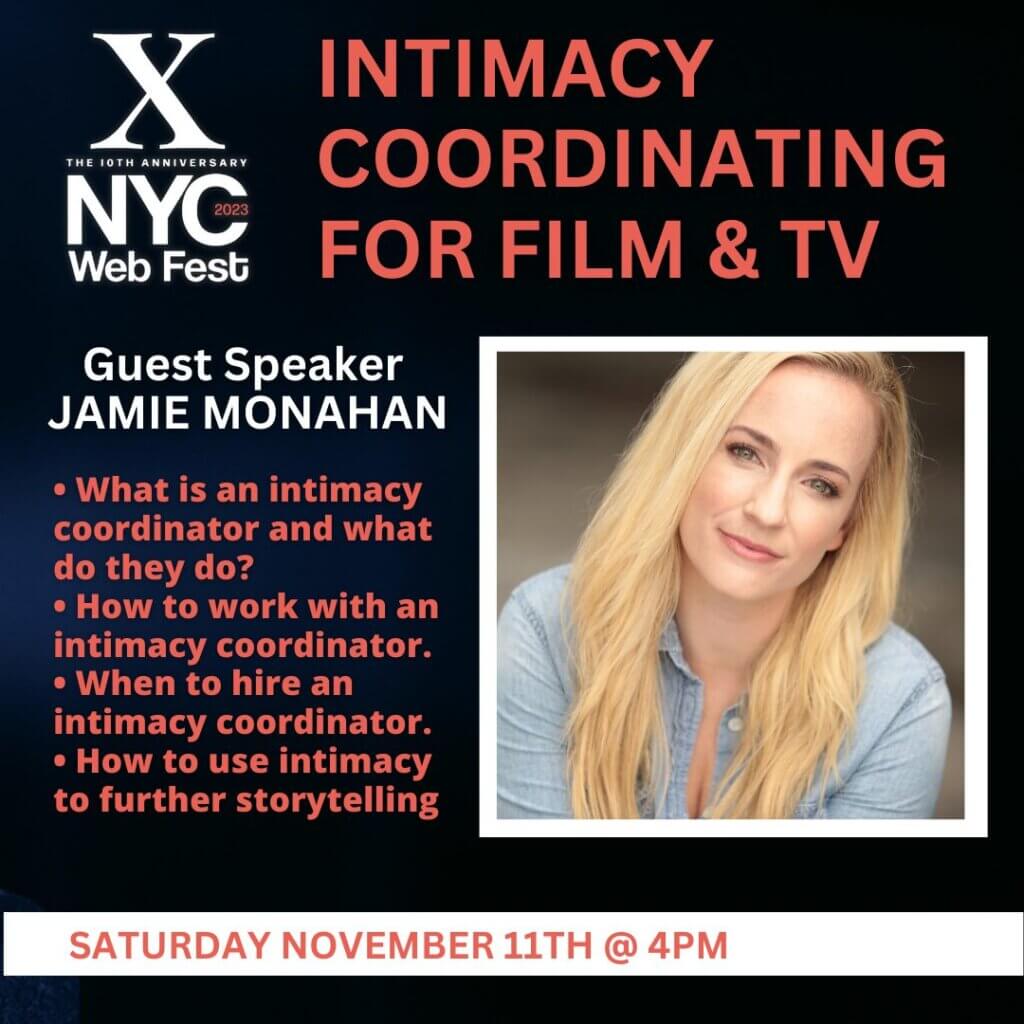 Promotional image with a lot of writing on detailing the NYC Web Fest event guest speaker Jamie Monahan.