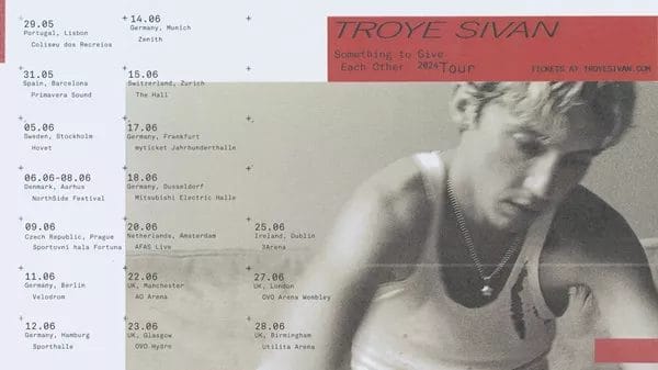 The official tour poster for Troye Sivan's Something to Give Each Other Tour which has a vintage filter to an image of Troye Sivan wearing a vest, while black lettering lists the dates.