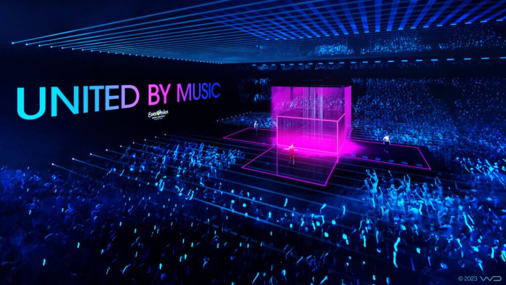 The Eurovision Song Contest 2024 stage design with neon lights, LED screens and the stage in the middle of the audience.