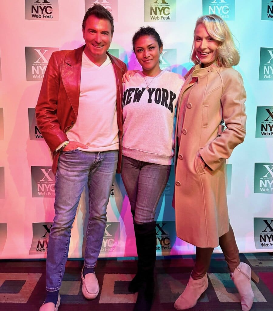 Jack Maxwell, Lauren Atkins, and Meredith Thomas posing together on the red carpet for the NYC Web Fest.