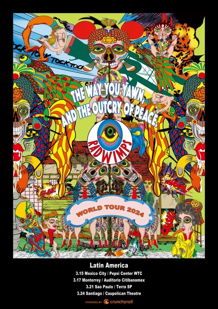 RADWIMPS Unveils Exciting Latin American Leg of the "The Way You Yawn, and the Outcry of Peace" World Tour 2024 18 Official tour poster for RADWIMPS' "The Way You Yawn, And the Outcry of Peace" World Tour 2024 which is a creative art explosion by Japanese artist, Keiichi Tanaami.