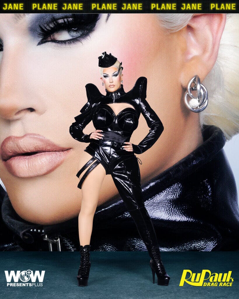 Plane Jane posing for RuPaul's Drag Race Season 16 promo for Meet The Queens in a black outfit.