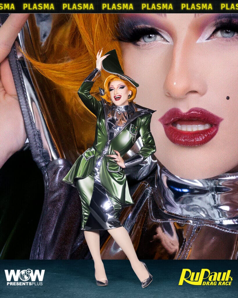 Stay Connected: How To Quickly Follow The RuPaul's Drag Race Season 16 Queens Online 85 Plasma posing for RuPaul's Drag Race Season 16 promo for Meet The Queens in a green and black outfit.