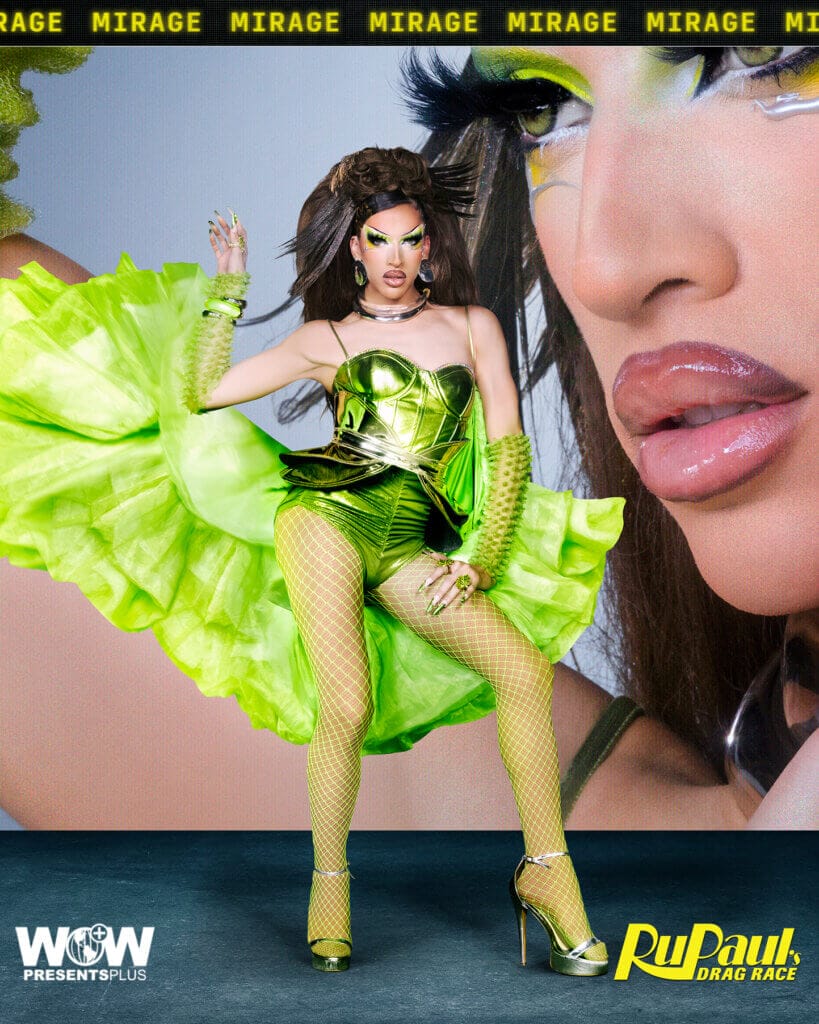 Stay Connected: How To Quickly Follow The RuPaul's Drag Race Season 16 Queens Online 81 Mirage posing for RuPaul's Drag Race Season 16 promo for Meet The Queens in a bright green and black outfit.