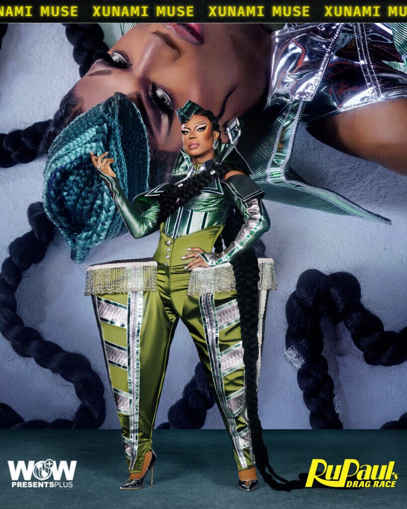 Stay Connected: How To Quickly Follow The RuPaul's Drag Race Season 16 Queens Online 88 Xunami Muse posing for RuPaul's Drag Race Season 16 promo for Meet The Queens in a green and black outfit.