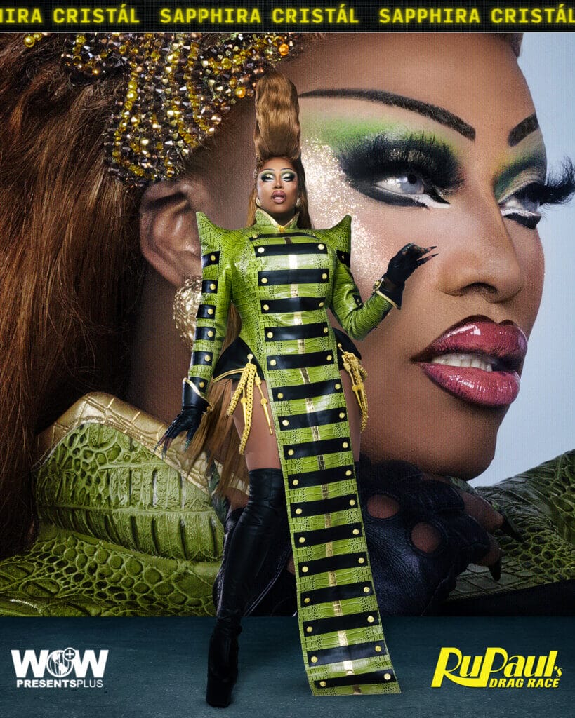 Stay Connected: How To Quickly Follow The RuPaul's Drag Race Season 16 Queens Online 87 Sapphira Cristál posing for RuPaul's Drag Race Season 16 promo for Meet The Queens in a green and black outfit.