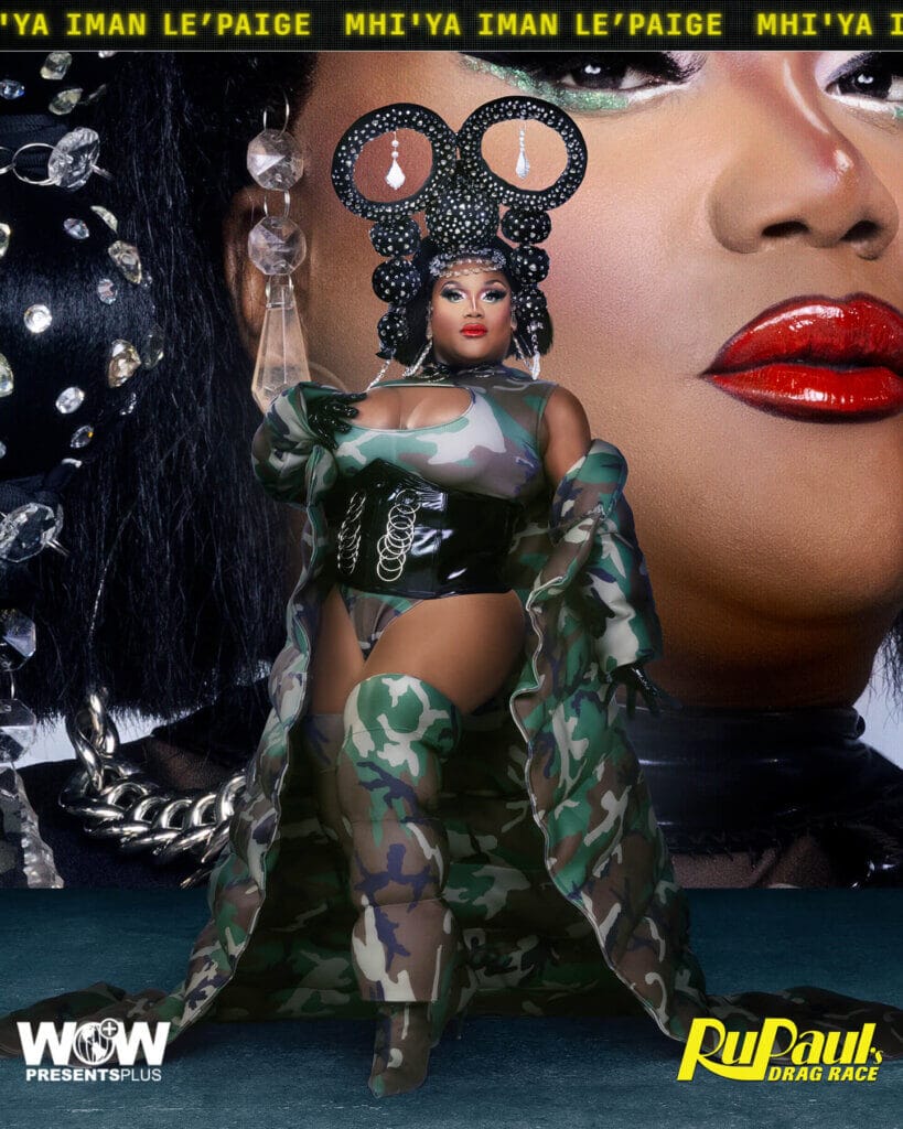 RuPaul's Drag Race Season 16 Episode 5: Girl Groups Take Us on a Rollercoaster of Highs and Lows 45 Mhi'ya Iman Le'Paige posing for RuPaul's Drag Race Season 16 promo for Meet The Queens in a green and black outfit.