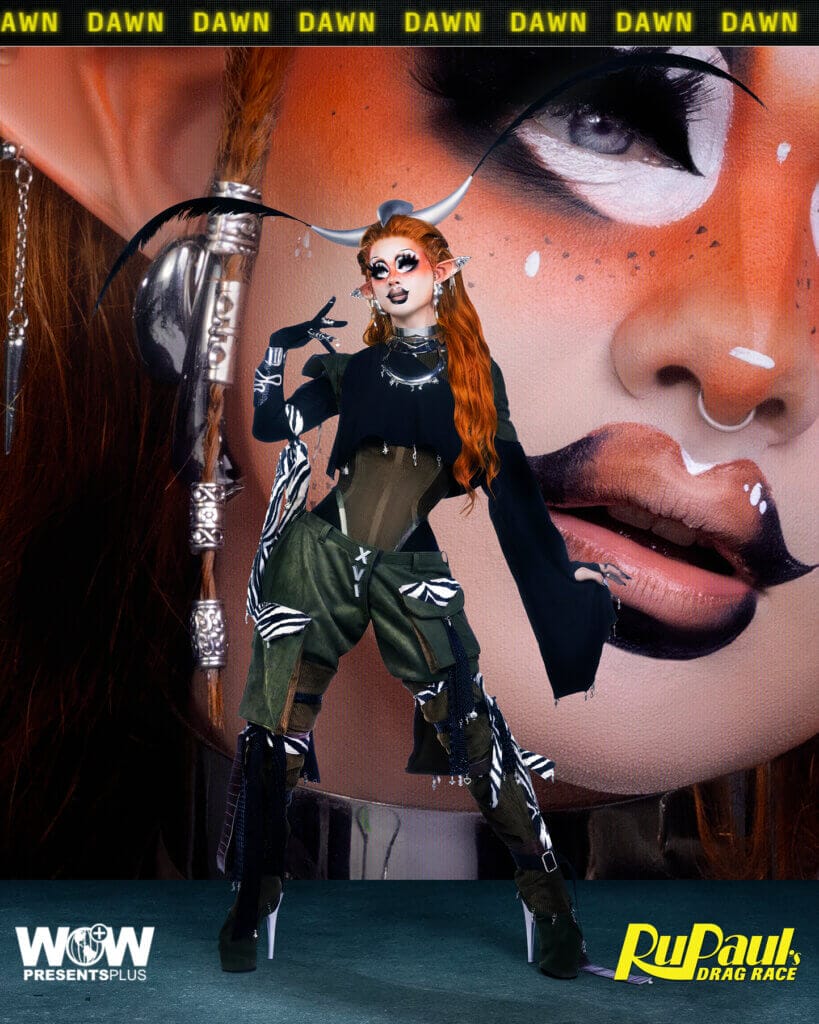 Stay Connected: How To Quickly Follow The RuPaul's Drag Race Season 16 Queens Online 84 Dawn posing for RuPaul's Drag Race Season 16 promo for Meet The Queens in a green and black outfit.