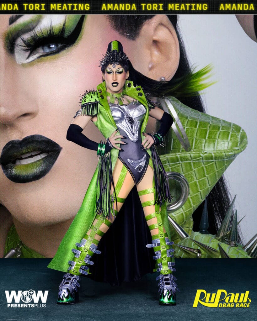 Stay Connected: How To Quickly Follow The RuPaul's Drag Race Season 16 Queens Online 75 Amanda Tori Meating posing for RuPaul's Drag Race Season 16 promo for Meet The Queens in a green and silver outfit.
