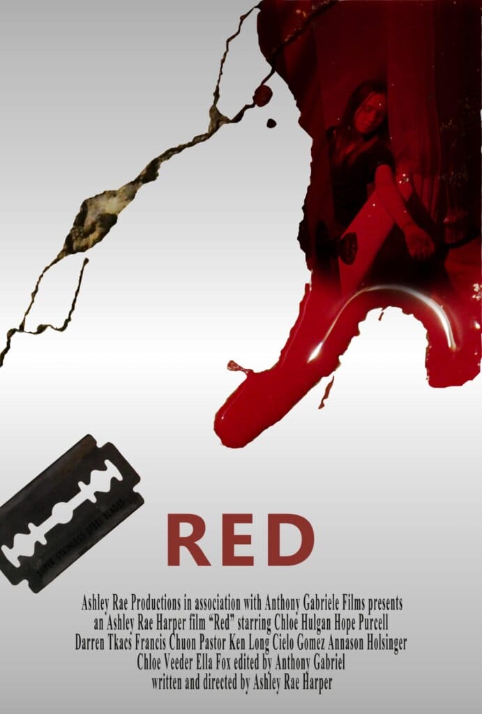 Unveiling Triumph: Ashley Rae Productions' Cinematic Odyssey and the Artistic Brilliance of Ashley Rae Harper Full of 2023 Highlights 2 The official poster for the Ashley Rae Productions film "Red" which sees blood splashed on a white floor with a shaving razor next to it.
