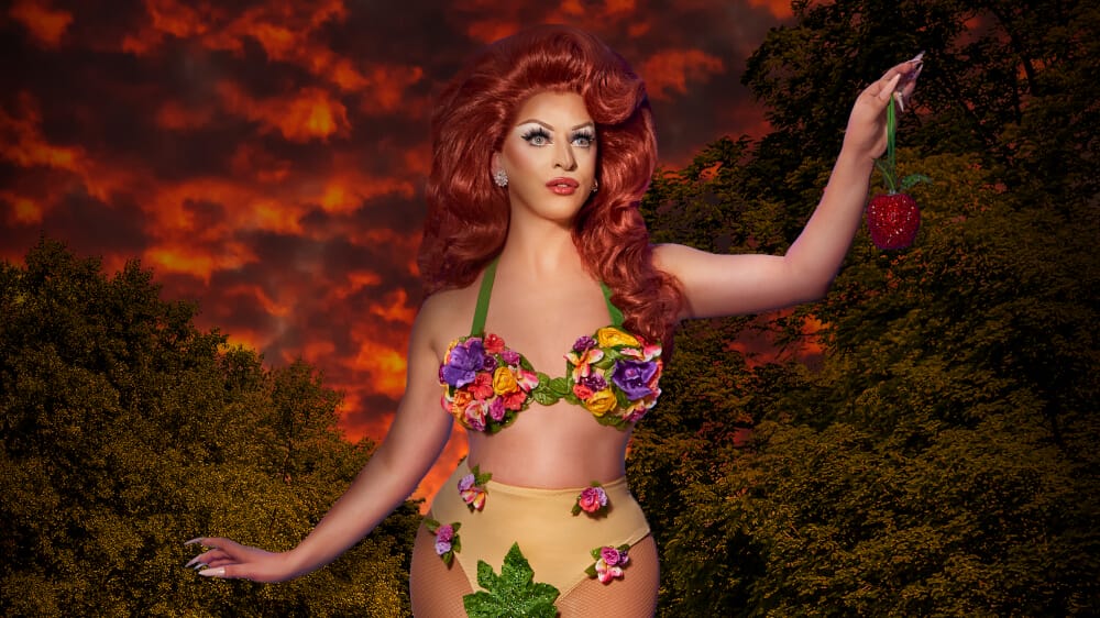 A Brief History Of The Entire World… And Also Me!: Miz Cracker's Queered Up Herstory Extravaganza at The Glee Club Birmingham 42 Promotional photo for "A Brief History Of The Entire World... And Also Me!" which sees Miz Cracker dressed as Eve.