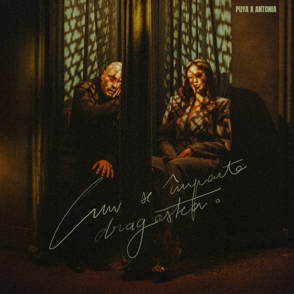 Official single cover artwork for "Cum se împarte dragostea" which sees Puya and Antonia sitting in a confessional booth, as Antonia confesses her sins.