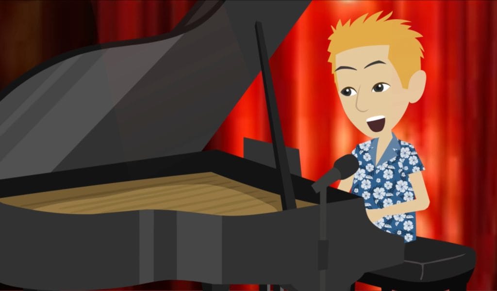 "Old School Love": John Galea Releases Memorable Animation Music Video for His Addicting Single Featuring Nate James 12 Screenshot from the "Old School Love" music video which sees a cartoon John Galea at the piano performing on stage.