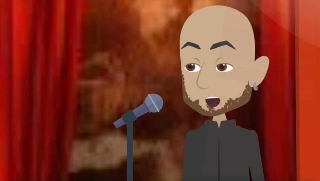"Old School Love": John Galea Releases Memorable Animation Music Video for His Addicting Single Featuring Nate James 5 Screenshot from the "Old School Love" music video which sees a cartoon Nate James at a microphone performing on stage.