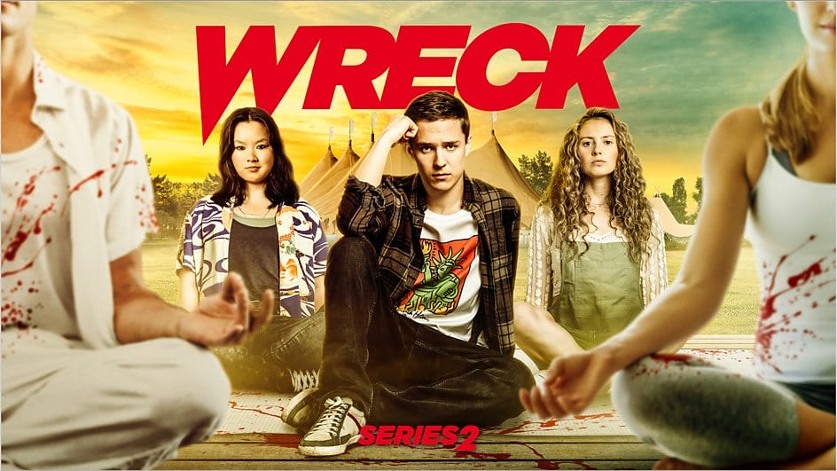 Official poster for BBC's Wreck which sees the three main cast members sitting crossed legged as the sun sets.