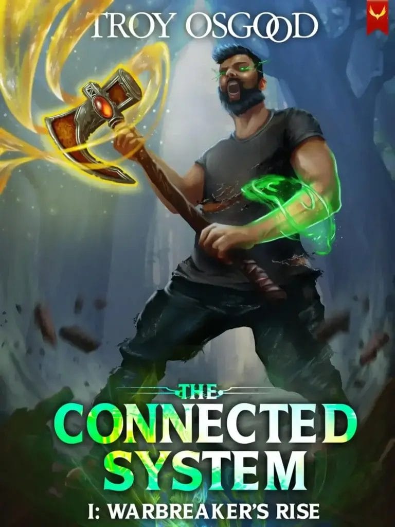 Official book cover for "Warbreaker's Rise", the first book from The Connected System series, which sees a muscly man wielding a fiery axe.
