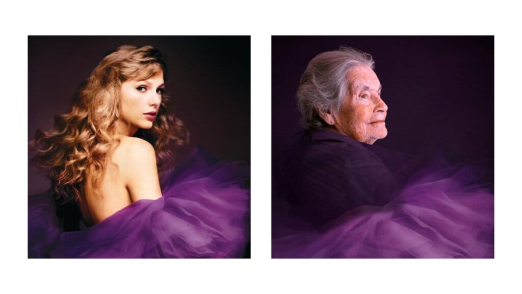 Senior Swifties Go Viral: UK Care Home Residents Honour Taylor Swift With Their Album Cover Artwork Versions 36 A collage of two photos with the album artwork of Taylor Swift's "Speak Now (Taylor's Version)" on the left showing her in a purple tool jacket, and Elizabeth (91) recreating it on the right.