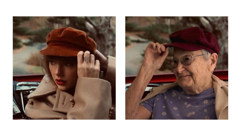 Senior Swifties Go Viral: UK Care Home Residents Honour Taylor Swift With Their Album Cover Artwork Versions 34 Collage of two photos, on the left is Taylor Swift's "Red (Taylor's Version)" album artwork which sees her holding a red hat, and on the right the Senior Swiftie Beryl also wearing a red hat.