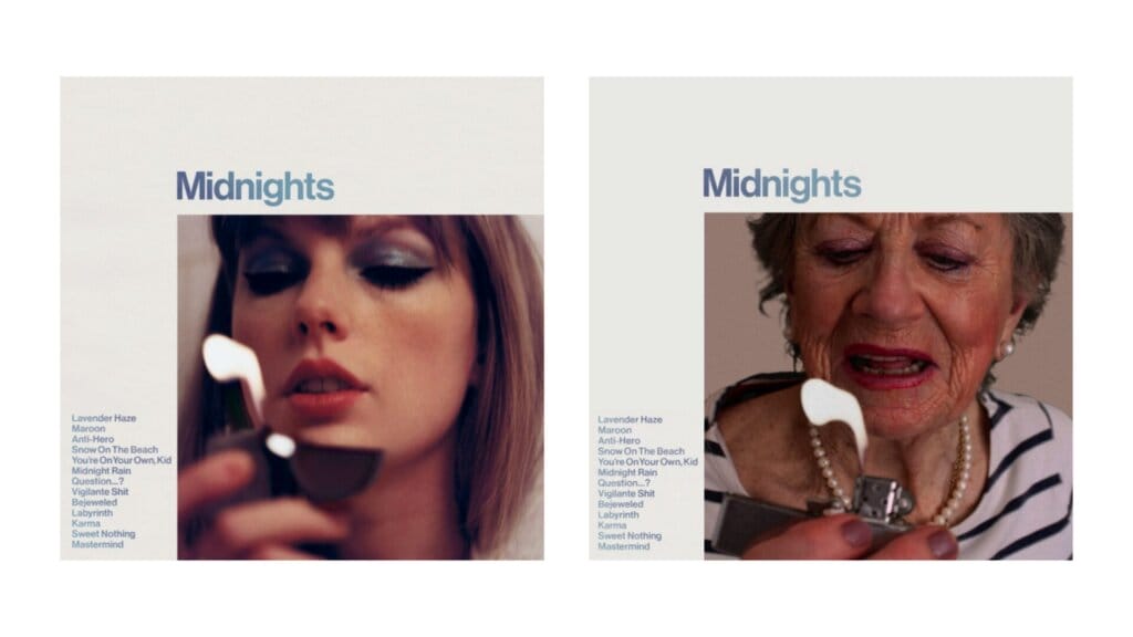 Senior Swifties Go Viral: UK Care Home Residents Honour Taylor Swift With Their Album Cover Artwork Versions 35 A collage of two photos with the album artwork of Taylor Swift's "Midnights" on the left which sees her holding a Zippo lighter to her face, with Senior Swiftie Carol on the right recreating the artwork.