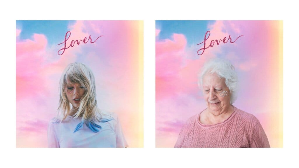 Senior Swifties Go Viral: UK Care Home Residents Honour Taylor Swift With Their Album Cover Artwork Versions 38 A collage of two photos with the album artwork of Taylor Swift's "Lover" on the right as she poses in front of pink clouds and a blue sky, while Senior Swiftie Janet on the right recreating it.