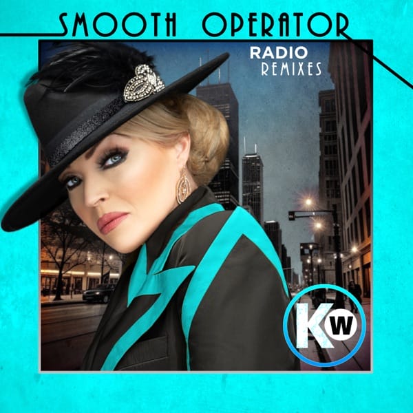 Official artwork for "Smooth Operator" which sees Kristine W wearing a black hat and a black jacket with light blue outlines that match the blue border.