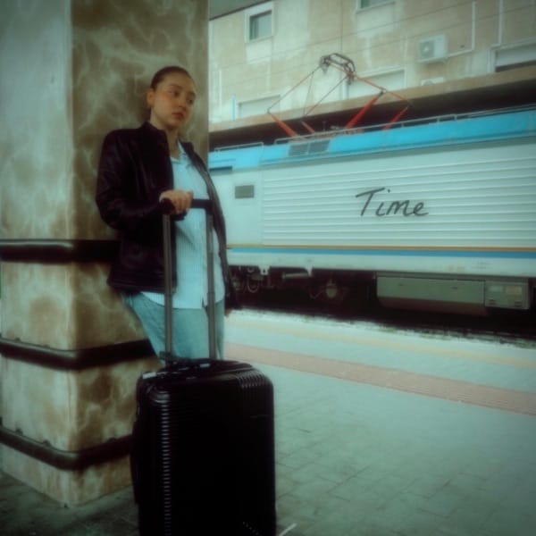 Official single cover artwork for "Time" which sees Maya Ixta standing on a train platform with a suitcase.