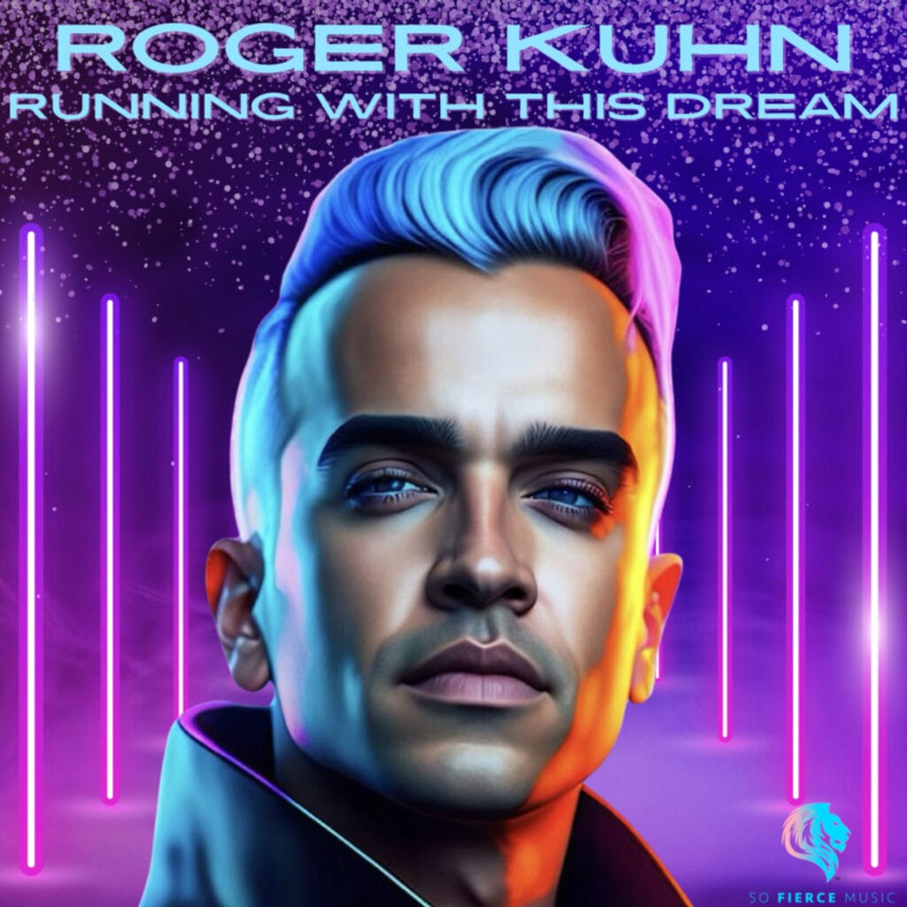Roger Kuhn and Velvet Code Release New Album "Running With This Dream": Celebrating Identity, Freedom, and Expression 34 The official album artwork for "Running With This Dream" which sees Roger Kuhn looking like an AI created image with neon lights lighting up his face and the background in purples and blues.