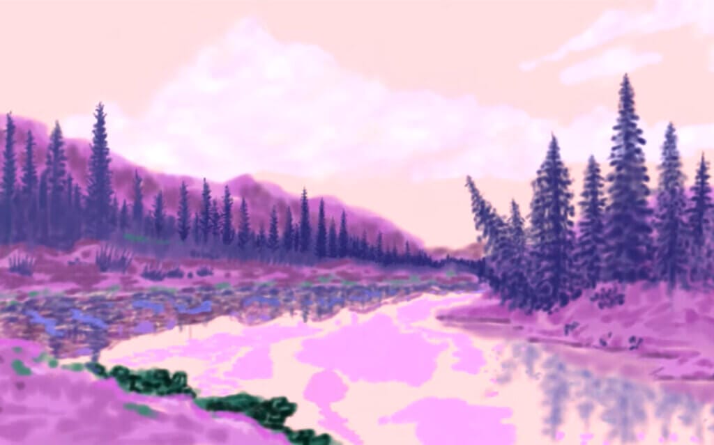 "Send Your River REDUX2": LGBTQ+ Self-Acceptance Celebrated in Keith A. Getchell's Single and Music Video Release 4 A shot from the official music video to "Send Your River REDUX2" which sees a beautiful bright purple watercolour of a river with embankments either side and some trees.