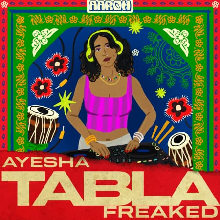 Official artwork for Ayesha's "Aaroh Flipped" Splice collection showcasing a graphic character design of herself bordered by red and green colours.