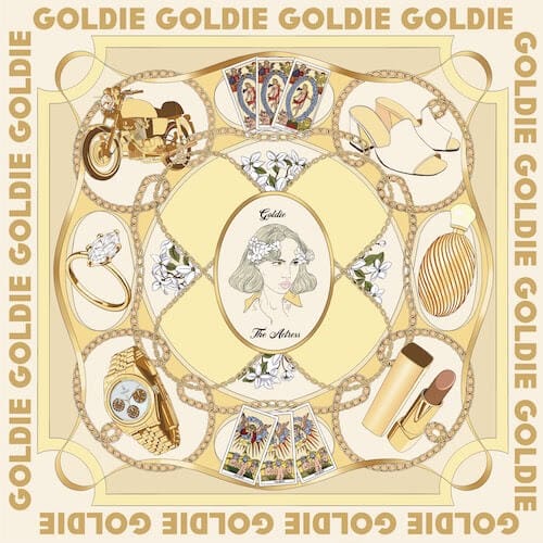 Official single cover artwork for "The Actress" which sees Goldie Boutilier's first name bordered round the edge while a drawing of her is in the middle with a variety of different drawings bordering her hinting at different characters she would play as an actress. Yellow and gold are the main colours of the image.