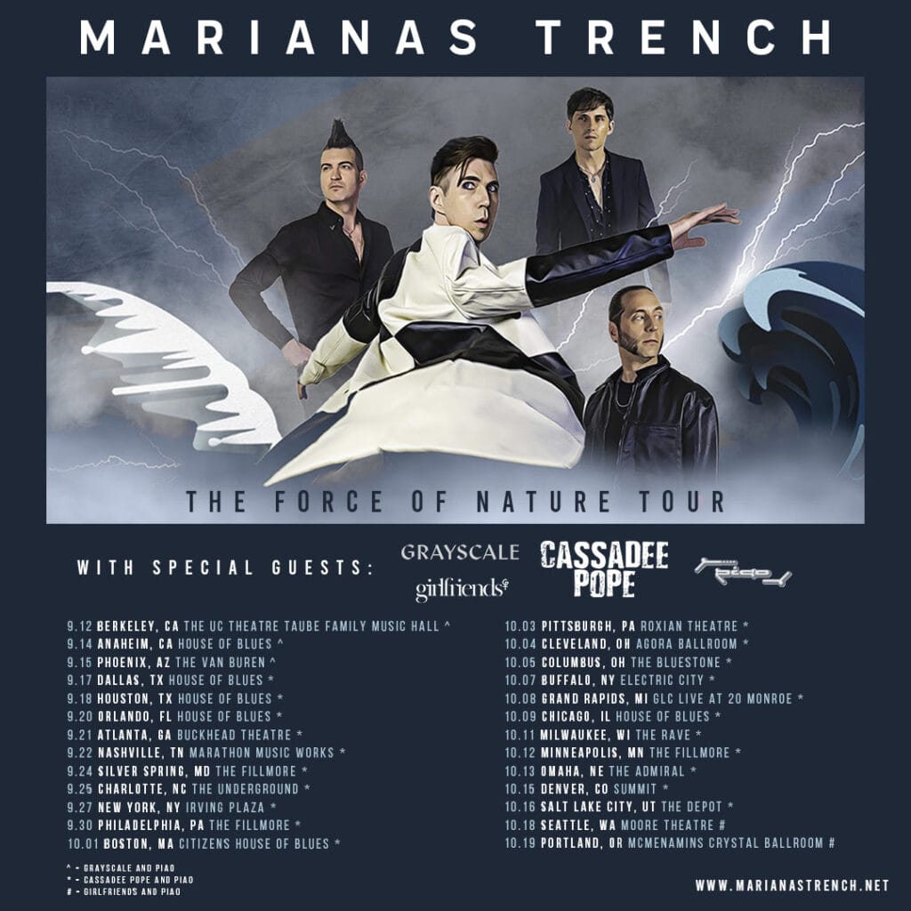 Official tour poster for Marianas Trench tour where Cassadee Pope is listed as a support act. It's blue with stand-out white text colours.,