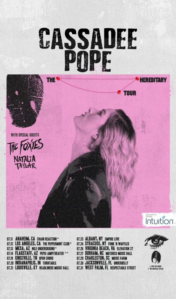 "Hereditary" Unleashed: Cassadee Pope Reclaims Rock Throne With Bold Pop-Punk 12-Track Album Masterpiece 41 Official tour poster for Cassadee Pope's "Hereditary" tour, which sees her facing side-on with the colours stripped back to pink and black. The dates appear below the image.
