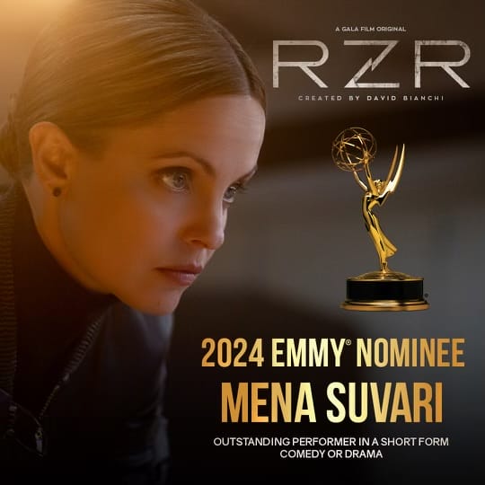Promotional image celebrating Mena Suvari being nominated for a Primetime Emmy showcasing a still of her from the RZR TV Series, wearing a headset with gold lettering mentioning the nomination