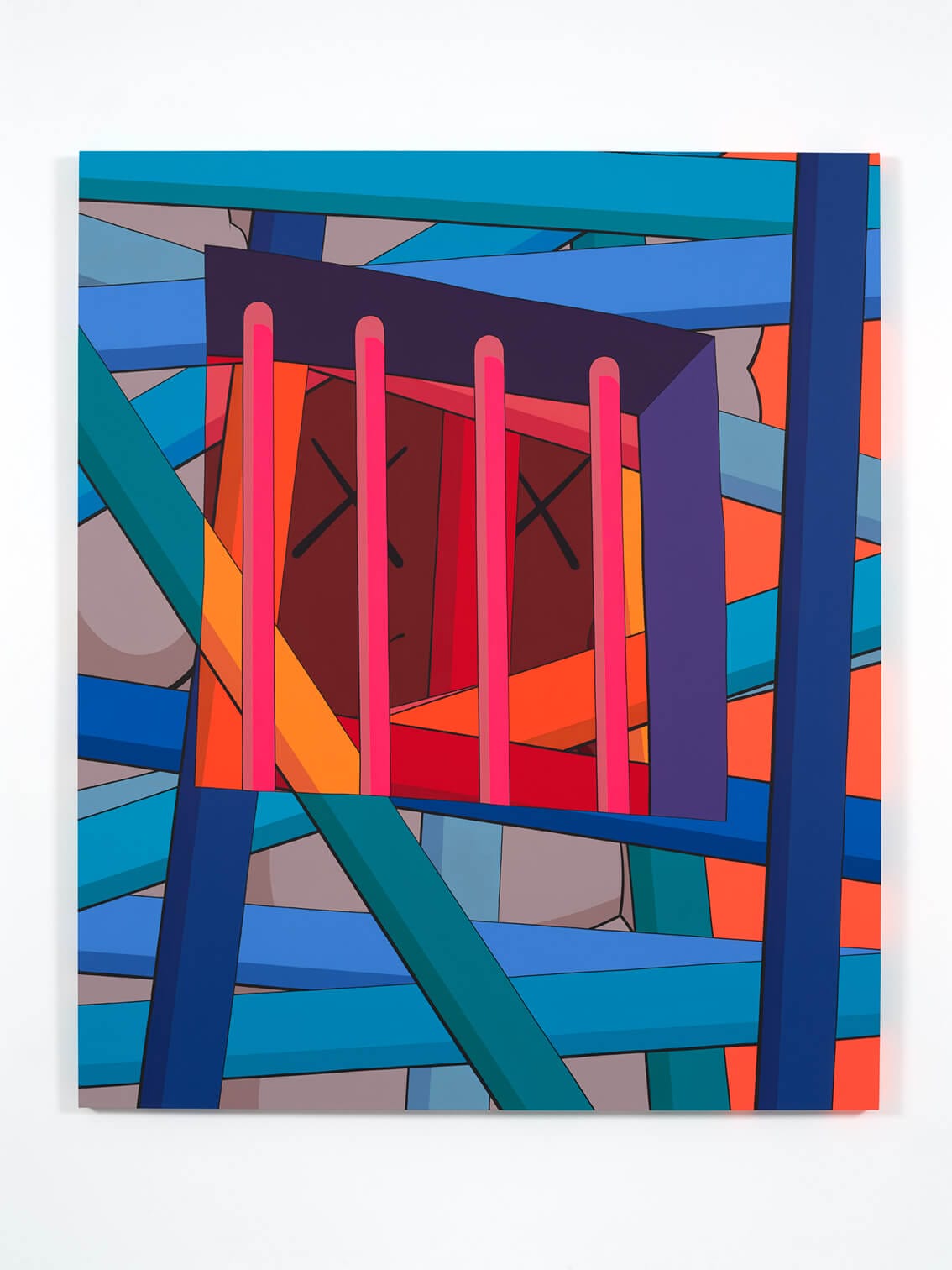 Crystal Bridges Museum Announces KAWS: FAMILY Exhibition for 2025 3 Image of KAWS: LOST FUTURE which shows a canvas showing a barred window in a multitude of bright colours.