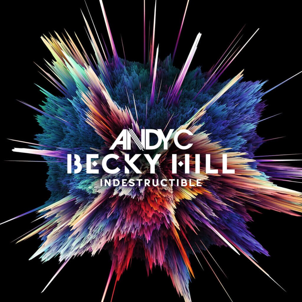 Official artwork for "Indestructible" which looks like a colour explosion from the centre with their names and the song title overlayed in the middle.