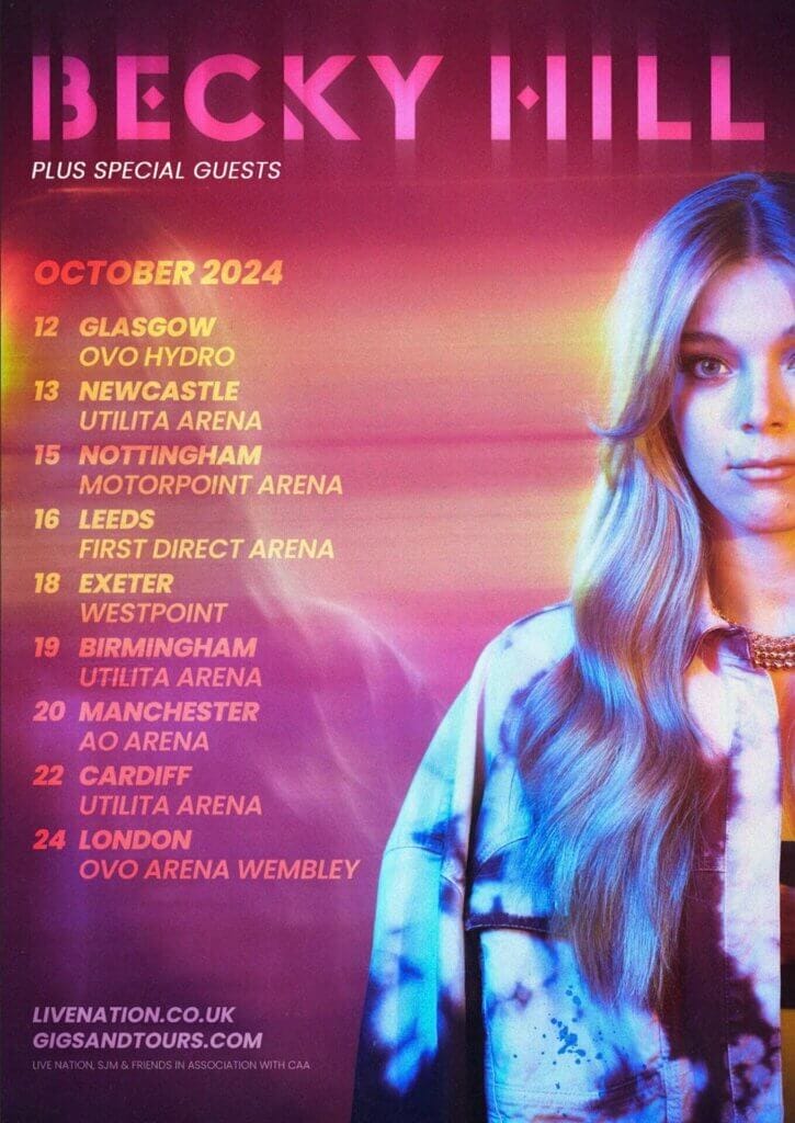 Official UK Tour poster for Becky Hill's for her headline 2024 tour across the UK. The image sees half her profile on the right side with a kaleidoscopic purple imagery going on and a list of dates on the right.