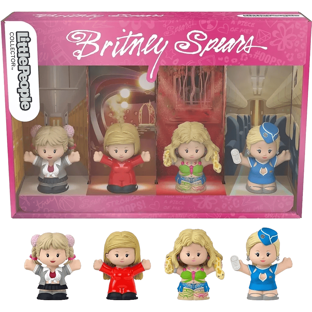 Pre-Order Now: Fisher-Price's Britney Spears Little People Set Brings Pop Icon to Life Ahead of Her Birthday 7 Official promotional image of the box and the figurines of Fisher-Price Britney Spears Little People.