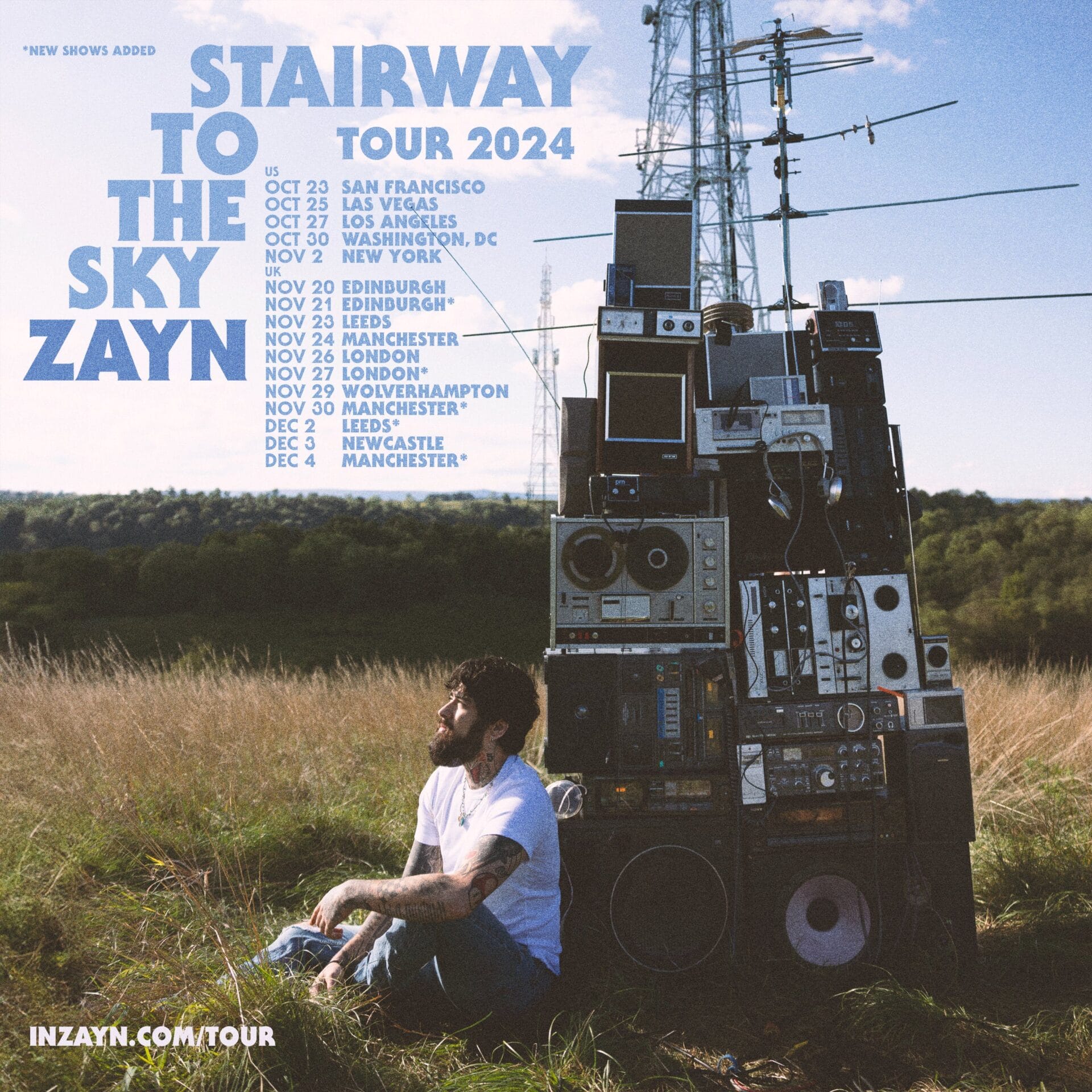 Stairway to the Sky Tour: ZAYN Expands His First-Ever Solo Tour With Additional Dates 18 Official Stairway to the Sky Tour poster which shows ZAYN sitting in a field of grass leaning against a pile of speakers with antennas on top.