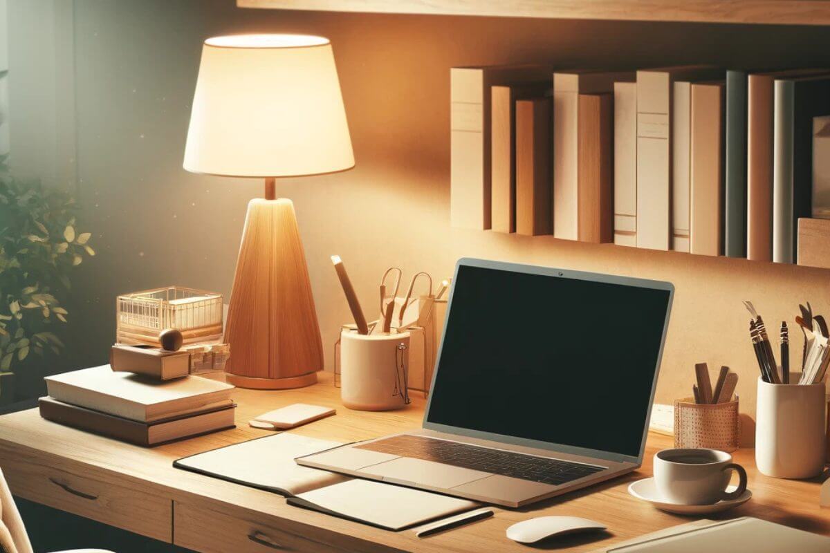 Affiliate Disclosure Cosy home office with an open laptop, a desk lamp, a row of books on a shelf, a mouse and notepads, as well as pencil pots.